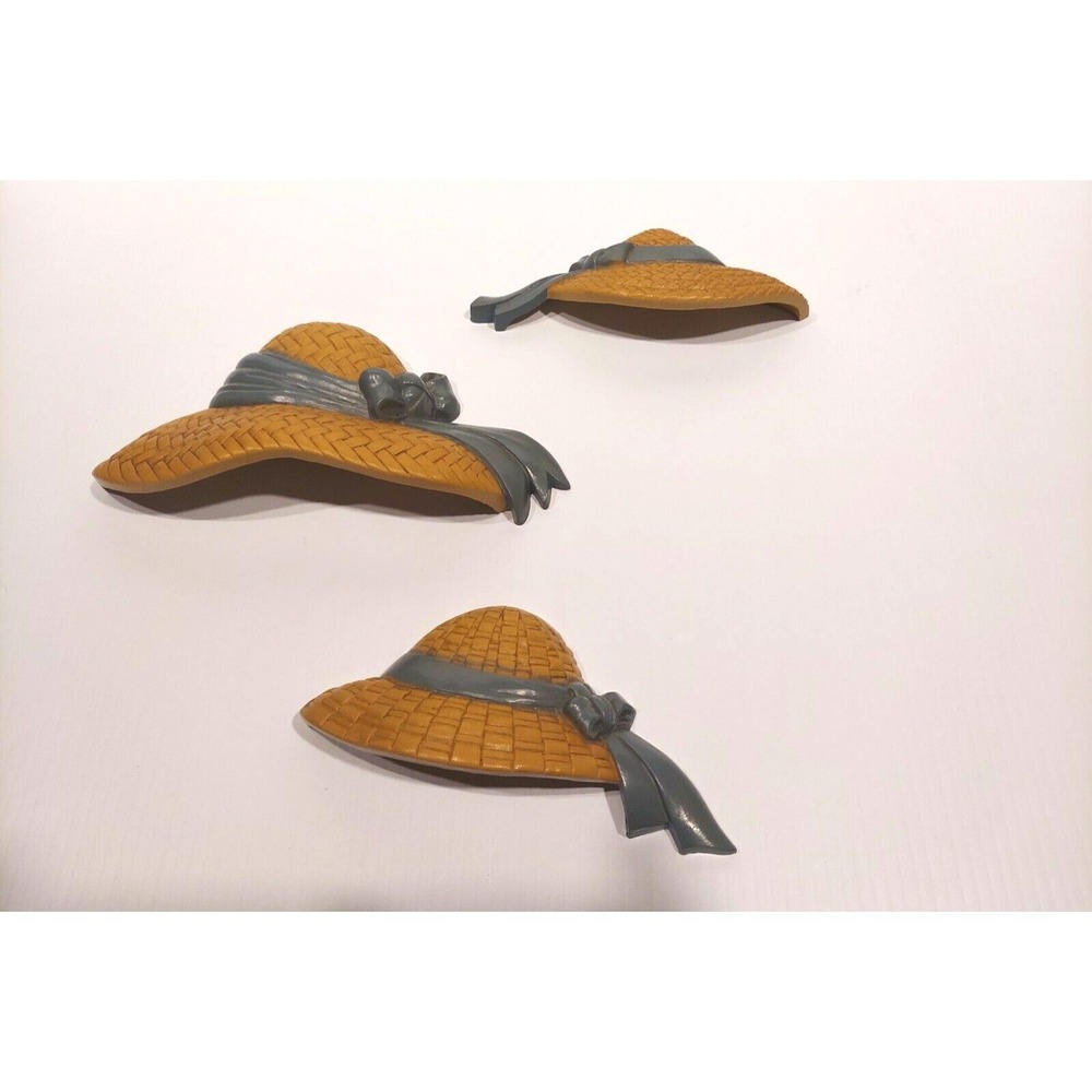 Lot of 3 Vintage‎ Homco Home Interior Wall Hanging  Bonnets Hats w/ Blue Ribbon